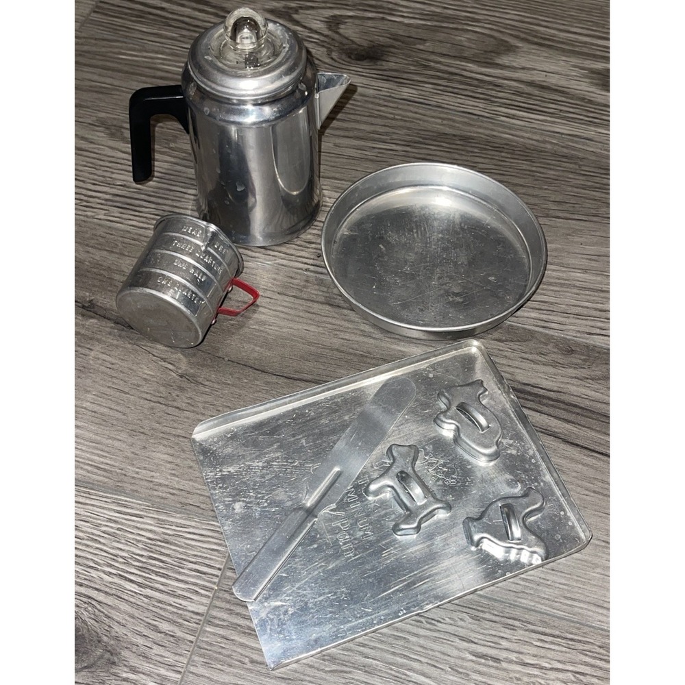 Vintage Aluminum Toy LOT - measuring cup, cookie sheet, cookie cutters, & coffee
